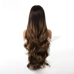 Detailed back view of 30-inch long ombre brown wavy wig with natural glossy hair texture