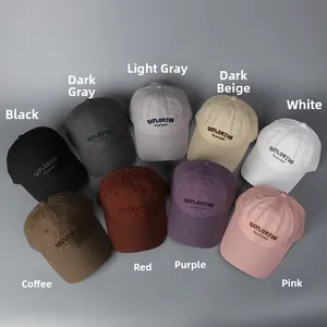 Detailed grid showing nine available colors of cotton baseball caps with embroidery