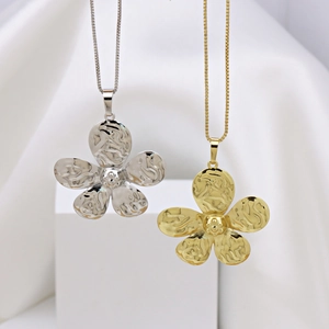 Gold and silver large five-petal flower pendant necklaces with hammered texture for women