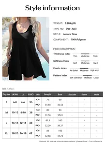 Size chart for casual summer dress showing fabric specs, length and bust measurements