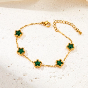 Gold vintage titanium steel bracelet with five emerald green star zircons and lobster clasp