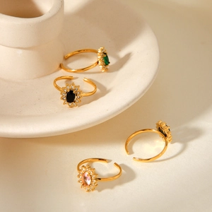 Luxury gold adjustable ring set with colorful zircon stones in vintage sunflower design