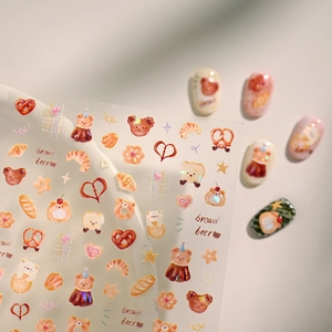 Cute cartoon bear and bread nail art stickers with laser holographic glitter effect