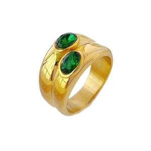 Vintage 18k gold titanium steel ring with double emerald green oval zircon stones