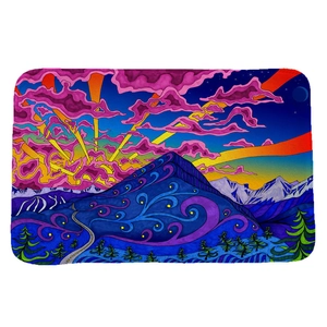 Psychedelic landscape bath mat with blue mountains and gold sun on high-density flannel