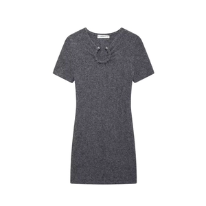 Women Knit Mini Dress Short Sleeve Metal Detail Crew Neck Solid Slim Bodycon Elegant