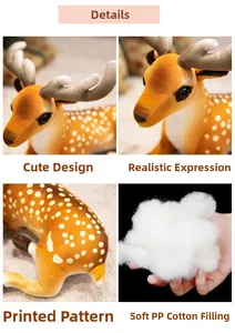Detail view of plush sika deer toy showing realistic eyes, spots, and soft PP cotton filling