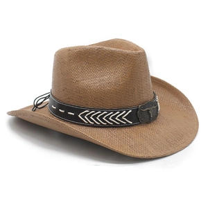 Detail of brown straw cowboy hat with black decorative band and metal bull head buckle