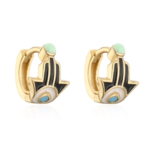 Detailed view of gold-plated Hamsa Hand hoop earrings with colorful enamel and Evil Eye