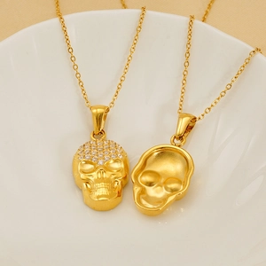 Punk style 18k gold plated skull pendant necklace with sparkling zircon stone inlay