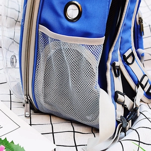 Blue pet backpack with transparent side panel and breathable mesh for cats and dogs