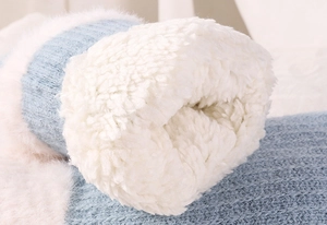 Close-up of thick white faux fleece lining inside the knitted thermal gloves