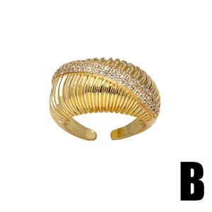Minimalist gold plated double layer ribbed ring with zircon inlay and open design
