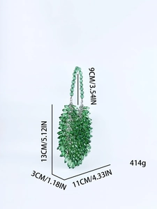 Detailed size specifications of the green handmade acrylic beaded handbag with measurements