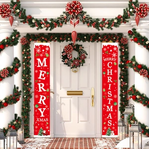 Merry Christmas Door Banners Red 600D Oxford Cloth Vertical Hanging Sign Santa Claus Snowman Print Festive Porch Decoration Holiday Supplies