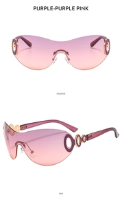 Detailed views of rimless Y2K sunglasses with purple-pink gradient lenses and gold trim