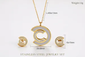Detail of golden stainless steel necklace and earrings set with shell and zircon inlay