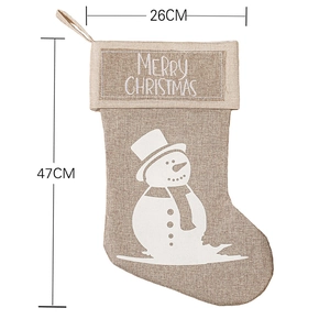 Linen Christmas stocking with snowman silhouette and Merry Christmas embroidery, 47cm size
