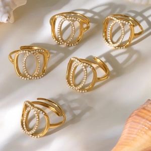 Five-piece set of adjustable open rings in 18K gold finish with pave-set zircon circles