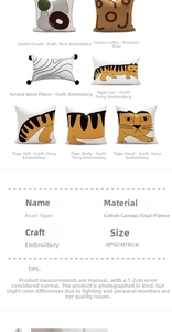 Detail of tiger motif cushion showing textured towel embroidery and cotton canvas fabric