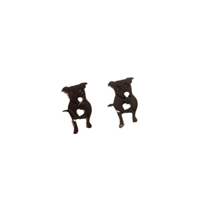 Cute black stainless steel puppy stud earrings with heart cutout on white background