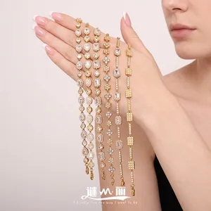 Geometric Square Link Bracelet Stainless Steel Gold Plated Zircon Inlaid Fashion Western Style Women Jewelry