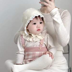 Infant girl knit set with pink plaid overalls, lace trim hat and white long sleeve top