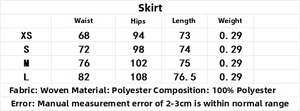 Size chart for women asymmetrical skirt detailing measurements for XS to L sizes