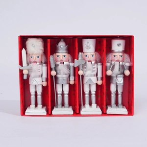 Set of four 13cm glittery wooden nutcracker soldiers in a red gift box for Christmas decor