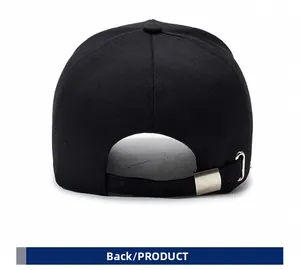 Detail of black cotton baseball cap showing adjustable back strap with metal buckle