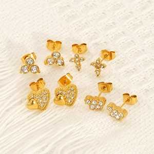 Set of four gold stainless steel stud earrings with heart and cross zircon designs