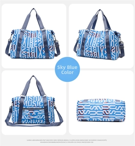 Detail views of sky blue travel bag with text prints from four different angles