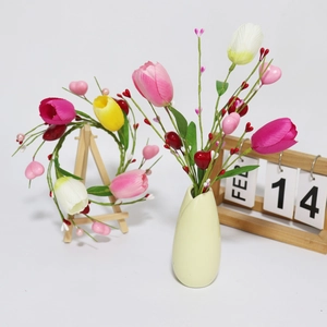 Valentines tulip wreath with heart berries and artificial green leaf candle ring decor