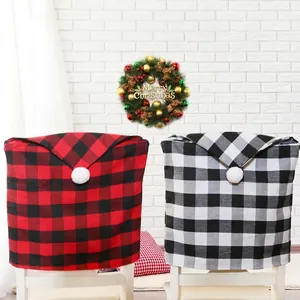 Christmas Chair Back Covers Buffalo Plaid Fabric With White Pom Poms Santa Hat Shape For Dining Table Party Decor