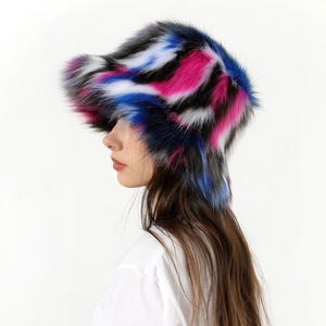 Detail of colorful camouflage faux fur bucket hat with pink and blue vibrant textures