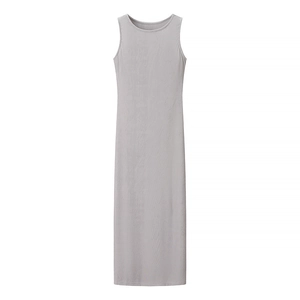 Detailed close-up of grey sleeveless knit maxi dress featuring a textured round neck finish