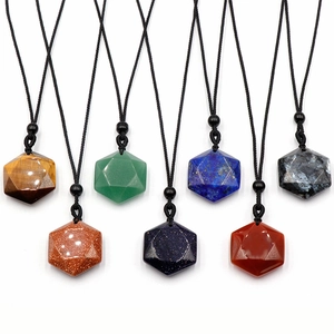 Hexagonal Gemstone Pendant Necklace Natural Crystal Amethyst Rose Quartz Adjustable Woven Cord Geometric Jewelry