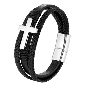 Black multilayer braided leather bracelet with silver cross charm and magnetic clasp