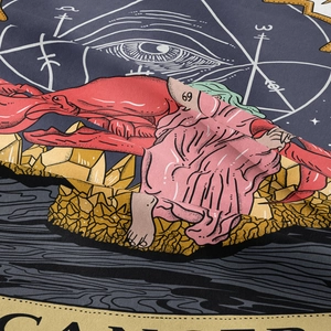 Detailed close-up of Cancer zodiac tarot tapestry showing fabric texture and vibrant print