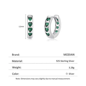 Sparkling S925 sterling silver hoop earrings with green heart-shaped cubic zirconia