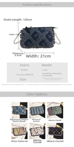 Detailed size chart and multi-color swatches for denim chain crossbody shoulder bags