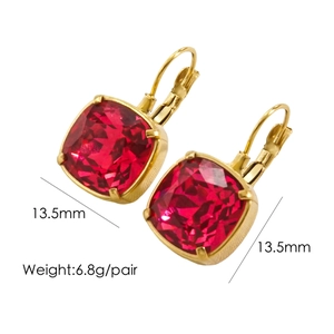 Detailed view of 14k gold plated earrings with large square red gemstone, size 13.5mm