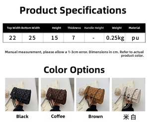 Detailed size chart and specifications for the quilted faux leather chain crossbody bag