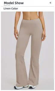 Detailed model view of high-waisted linen flare yoga pants with slim fit compression design