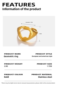 Detail view of gold hollow geometric ring with dimensions 1.7cm diameter and 1.5cm height