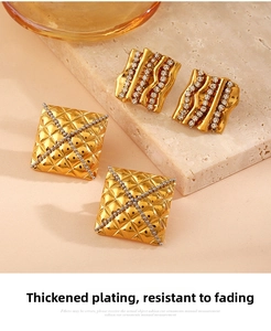Close-up of geometric gold earrings with cubic zirconia and quilted texture detail