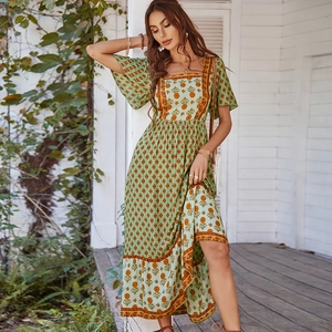 Bohemian green floral print midi dress with square neck and ruffled hem for women