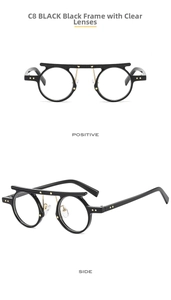 Detail view of round black frame punk sunglasses with gold star rivets and bridge