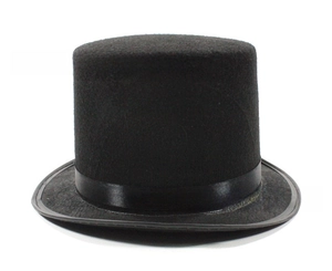 Detailed view of the classic black felt top hat with a matching satin band and curved brim