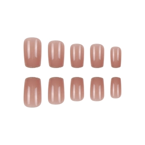 Nude pink press-on nails with silver glitter gradient and glossy jelly finish in square shape